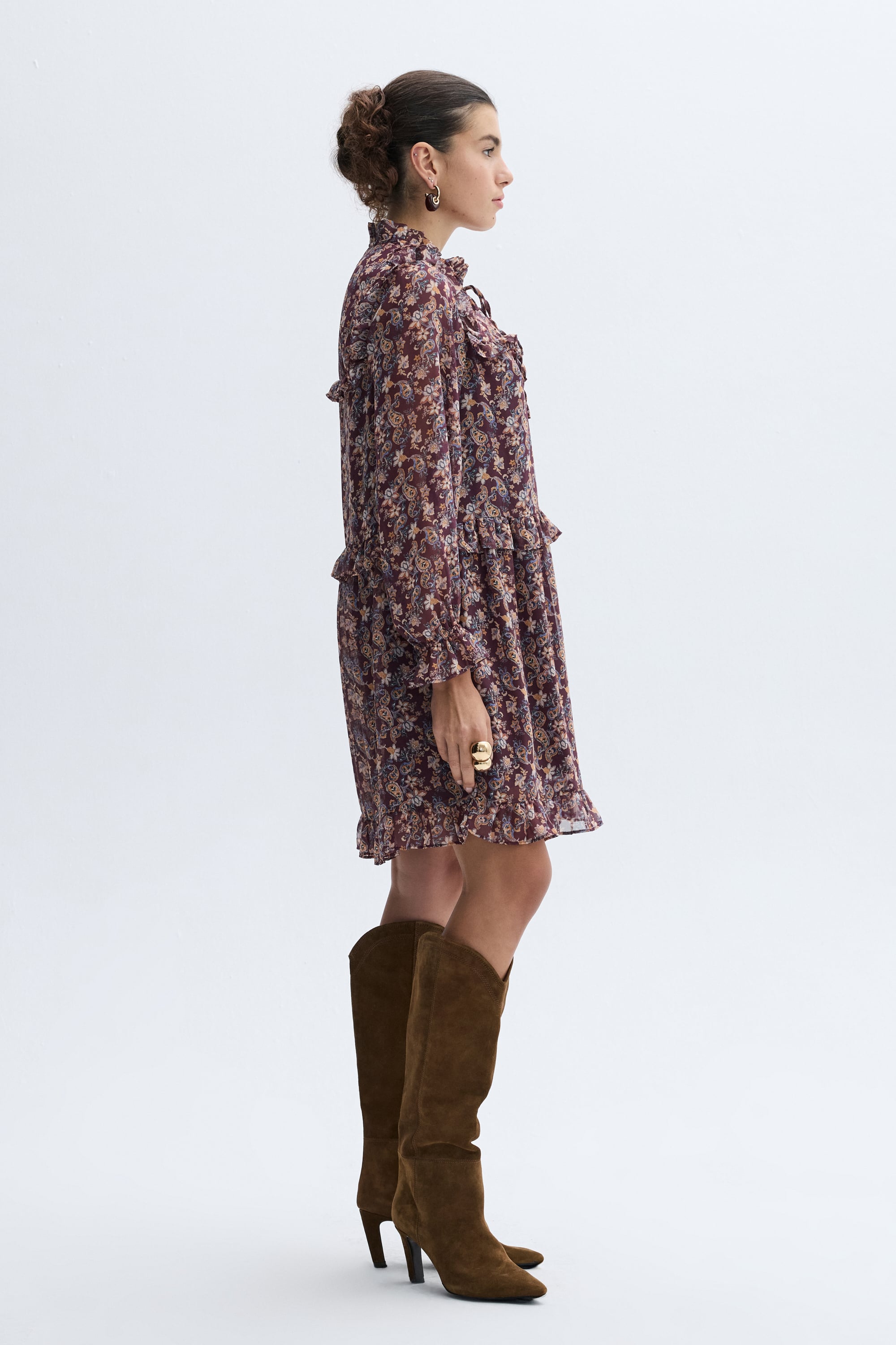 FLORAL BASKILI YAKASI BAĞLAMALI MİNİ ELBİSE