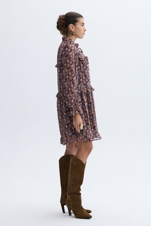 FLORAL BASKILI YAKASI BAĞLAMALI MİNİ ELBİSE