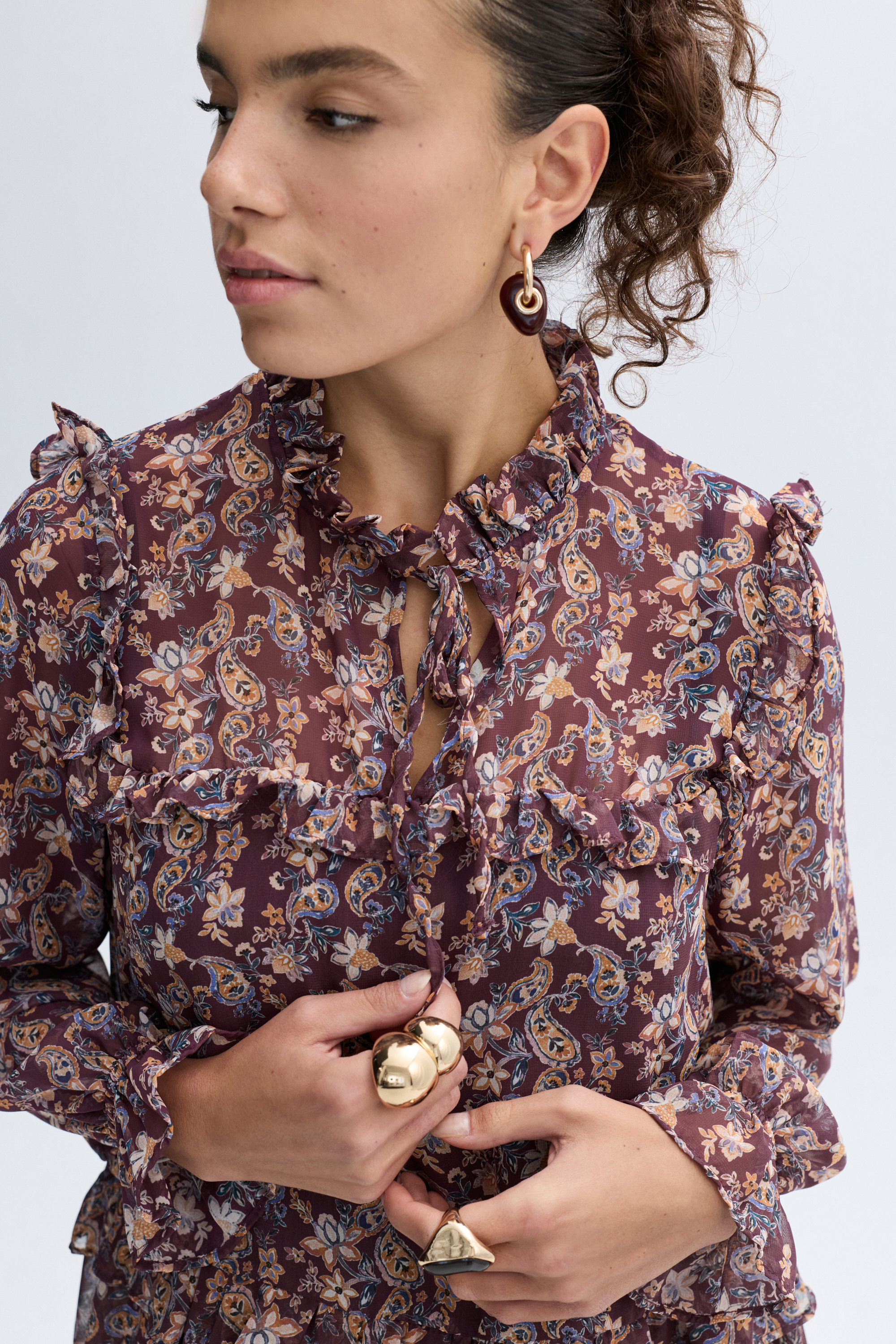 FLORAL BASKILI YAKASI BAĞLAMALI MİNİ ELBİSE