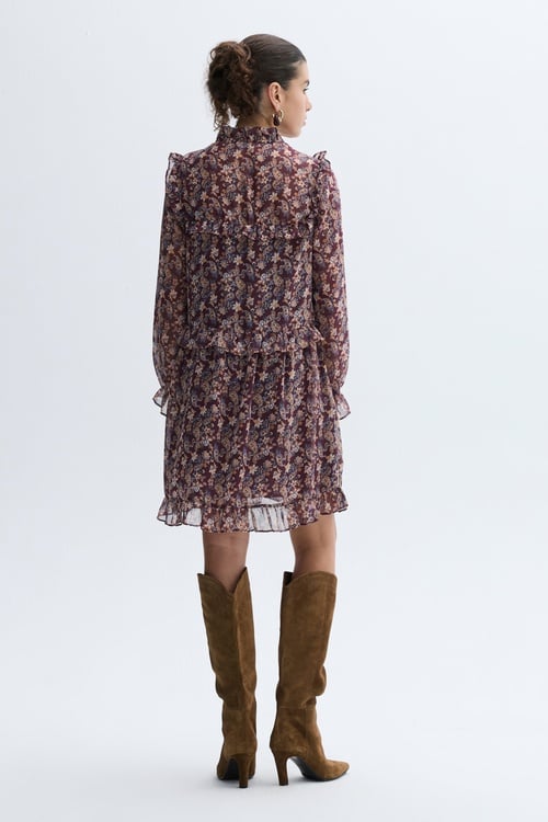 FLORAL BASKILI YAKASI BAĞLAMALI MİNİ ELBİSE