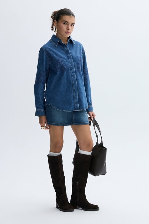 NAKIŞLI UZUN KOLLU JEAN GÖMLEK