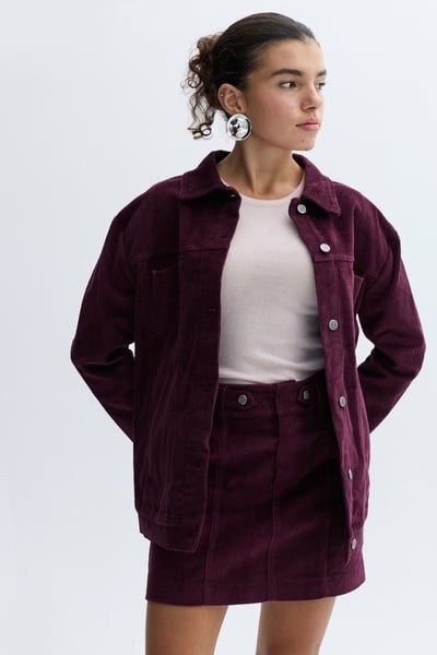 Mudo Kadın Mürdüm Oversize Kadife Dokulu Trucker Ceket