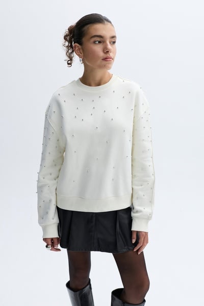 Mudo Kadın Ekru Loose Fit Bisiklet Yaka Taşlı Sweatshirt