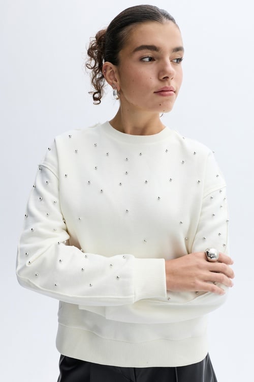 LOOSE FIT BİSİKLET YAKA TAŞLI SWEATSHIRT