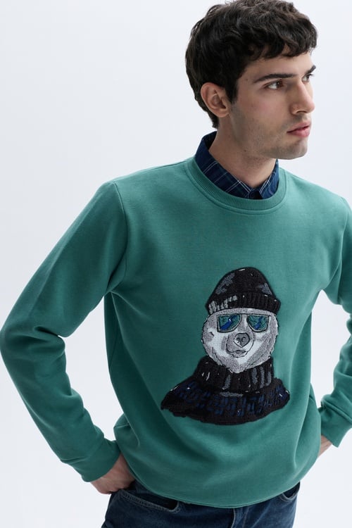 NAKIŞLI BİSİKLET YAKA SWEATSHIRT