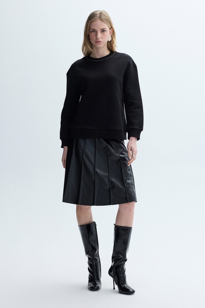 Mudo Kadın Siyah Loose Fit Bisiklet Yaka Sweatshirt