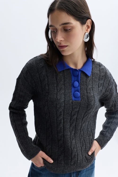 SAÇ ÖRGÜLÜ POLO YAKA KAZAK