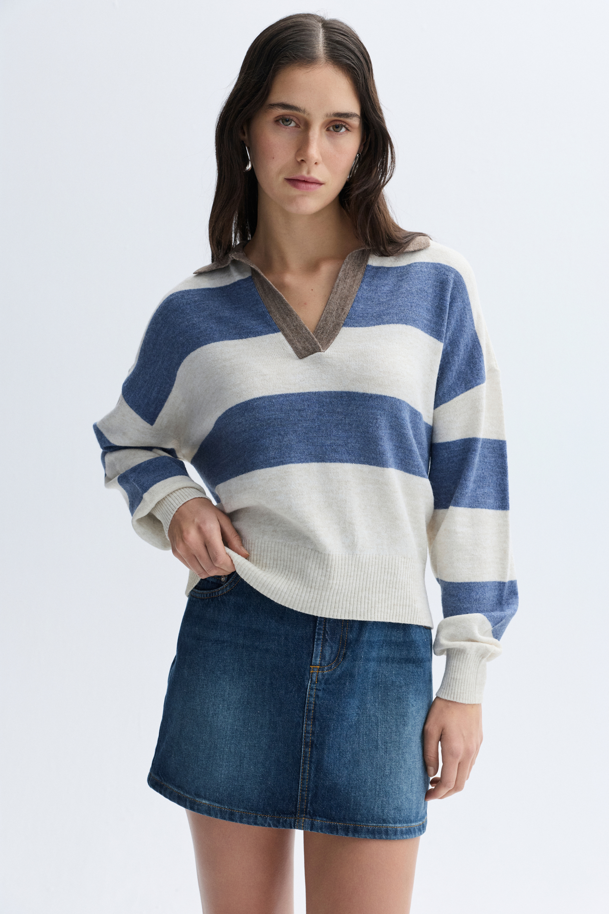 ÇİZGİLİ LOOSE FIT POLO YAKA TRİKO KAZAK