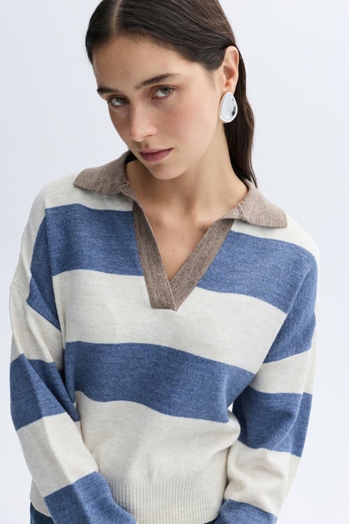  ÇİZGİLİ LOOSE FIT POLO YAKA TRİKO KAZAK