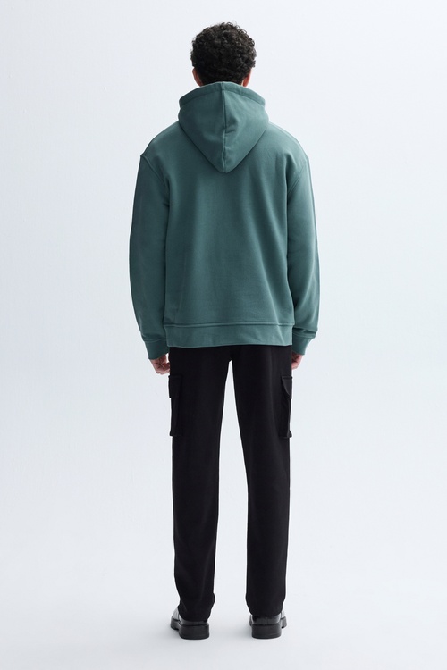  Erkek İndigo Kapüşonlu Kanguru Cepli Oversize Sweatshirt
