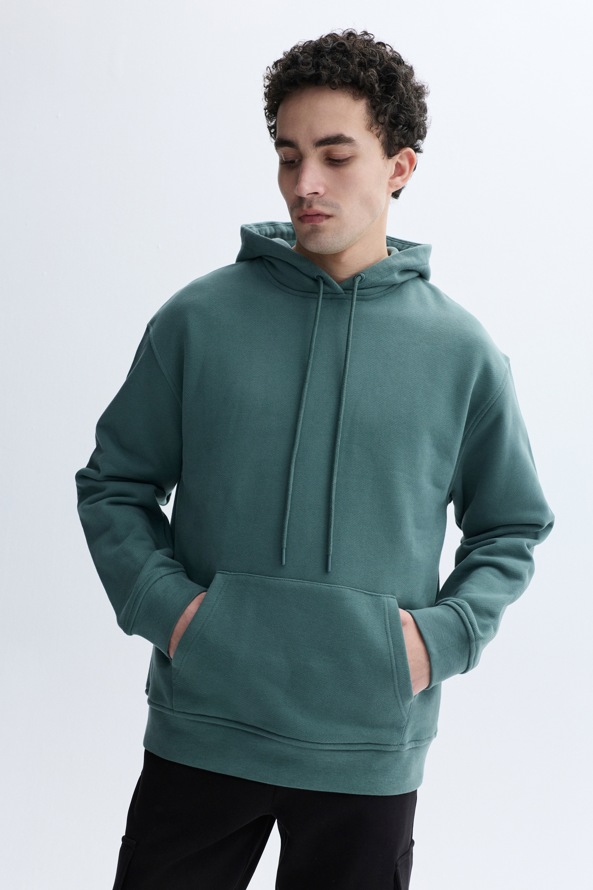 Erkek İndigo Kapüşonlu Kanguru Cepli Oversize Sweatshirt