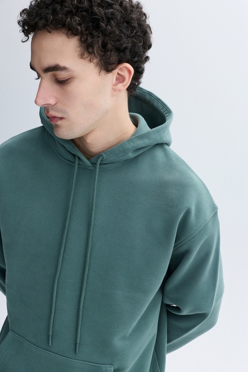  Erkek İndigo Kapüşonlu Kanguru Cepli Oversize Sweatshirt