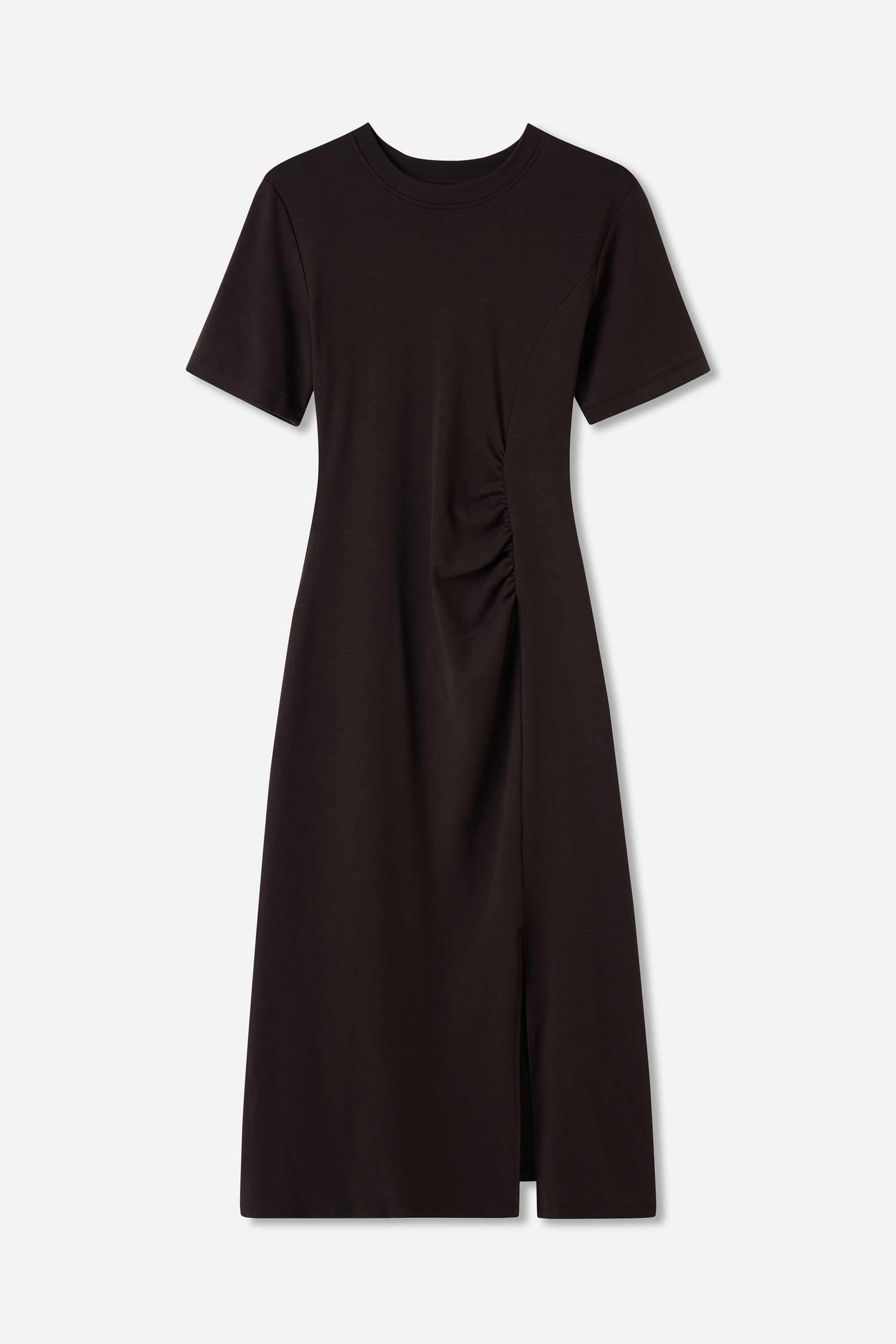 FITTED BÜZGÜLÜ YIRTMAÇLI MİDİ ELBİSE