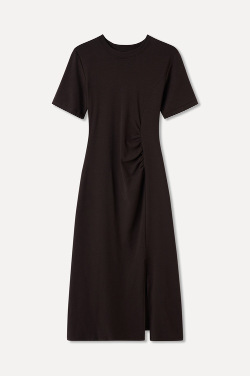  FITTED BÜZGÜLÜ YIRTMAÇLI MİDİ ELBİSE