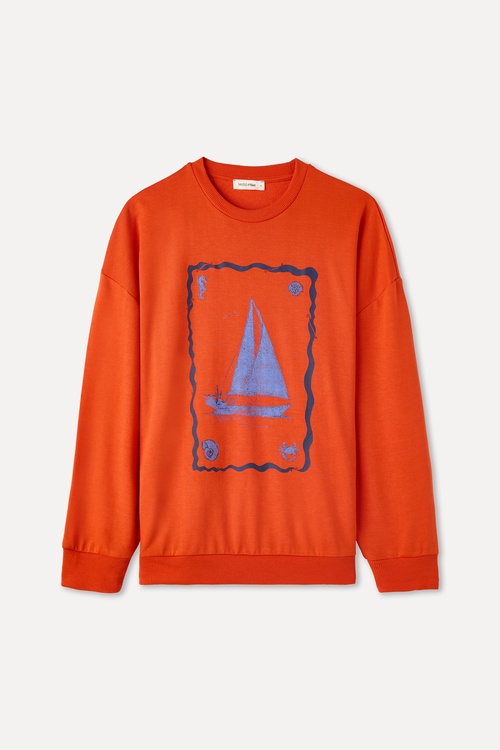 OVERSIZE BASKILI BİSİKLET YAKA SWEATSHIRT