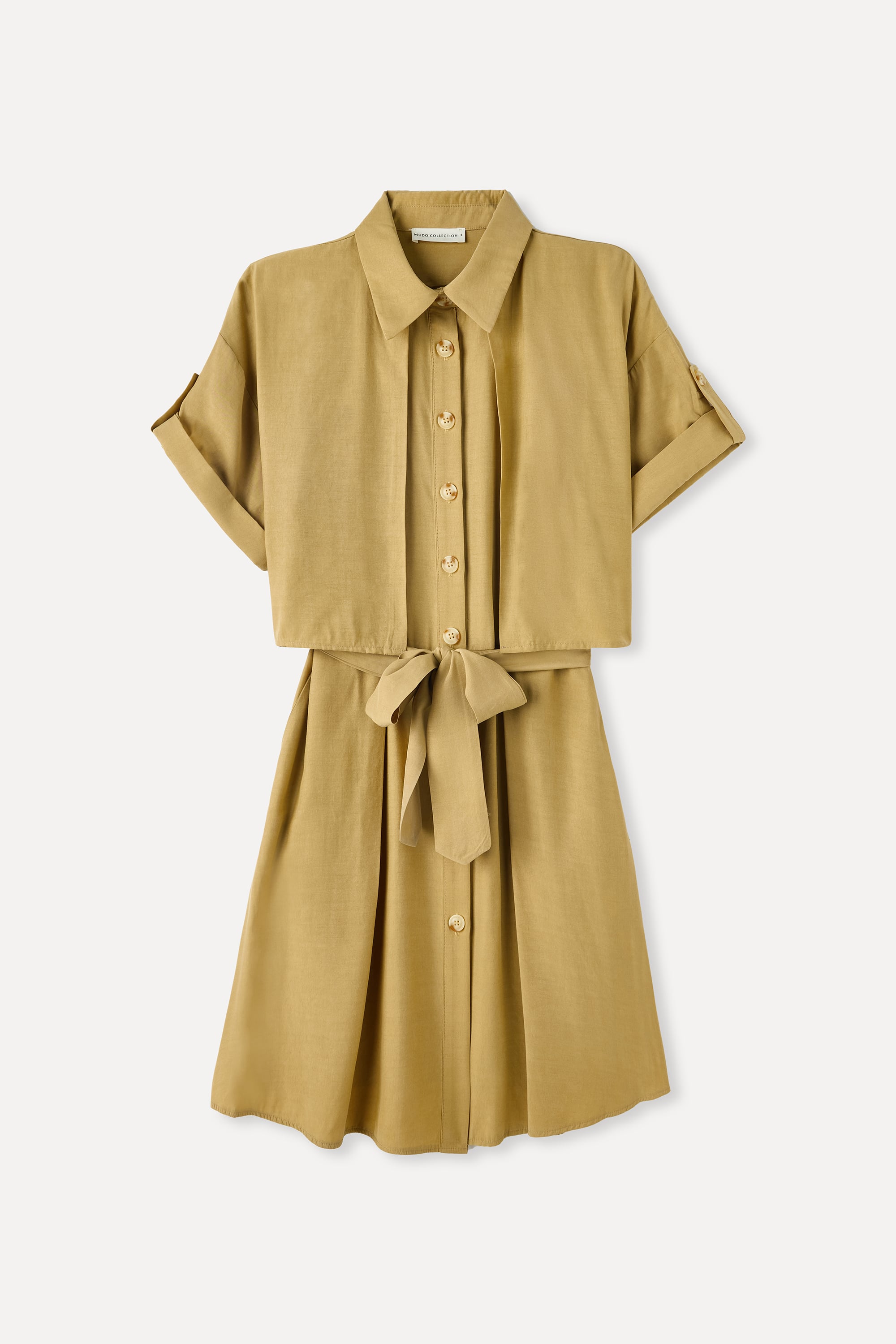 LİYOSEL KARIŞIMLI BELİ BAĞLAMALI MİNİ GÖMLEK ELBİSE