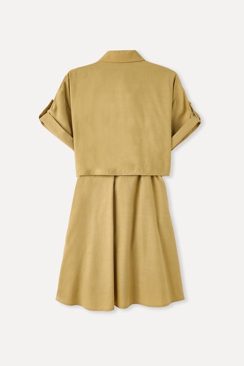 LİYOSEL KARIŞIMLI BELİ BAĞLAMALI MİNİ GÖMLEK ELBİSE