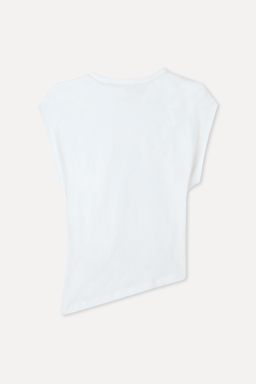 FITTED BELİ BÜZGÜLÜ ASİMETRİK KESİM DÜŞÜK KOL BLUZ