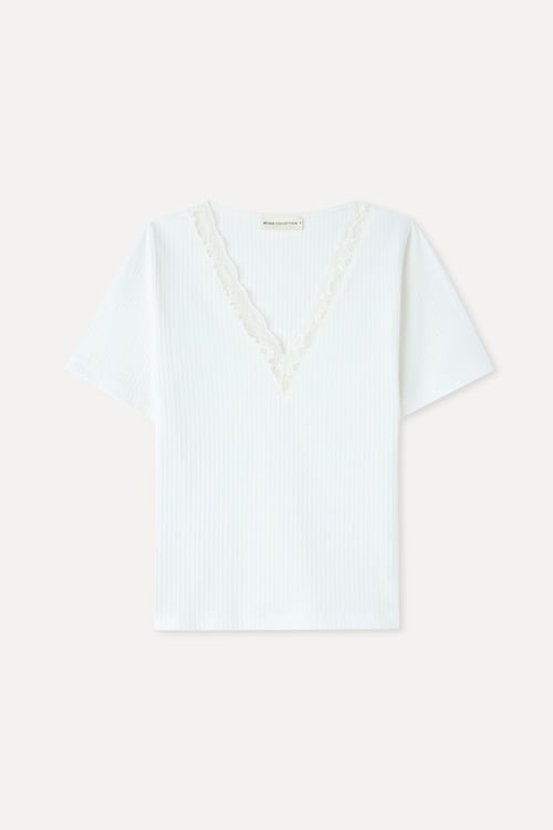 FITTED DANTELLİ V YAKA T-SHIRT