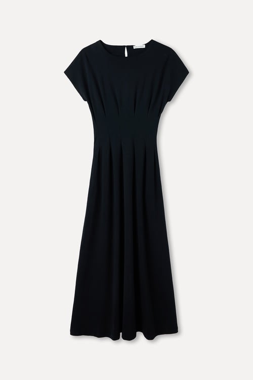 DİKİŞ DETAYLI DÜZ KESİM KISA KOLLU MİDİ ELBİSE