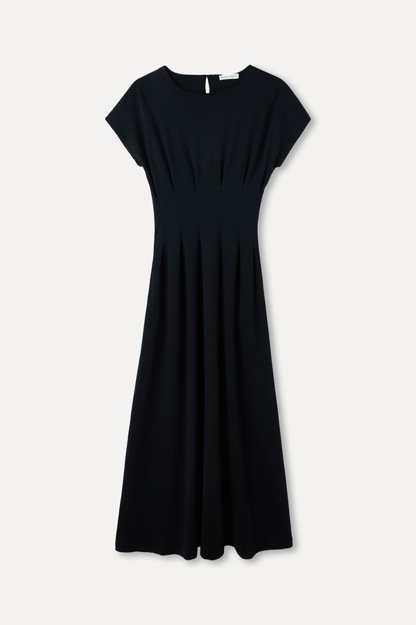 DİKİŞ DETAYLI DÜZ KESİM KISA KOLLU MİDİ ELBİSE