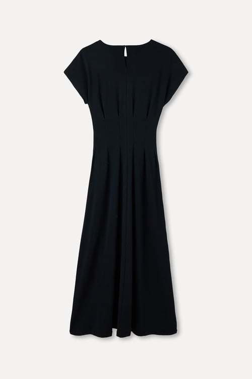 DİKİŞ DETAYLI DÜZ KESİM KISA KOLLU MİDİ ELBİSE