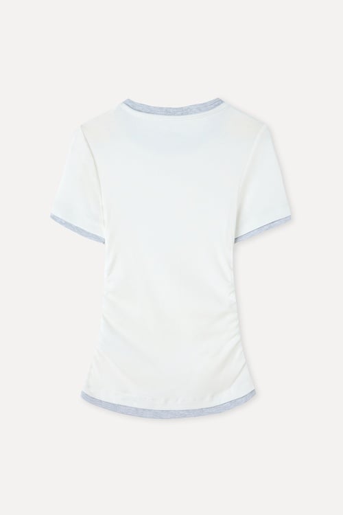 Kadın Kırık Beyaz Fitted Büzgülü Kontrast Bisiklet Yaka T-Shirt