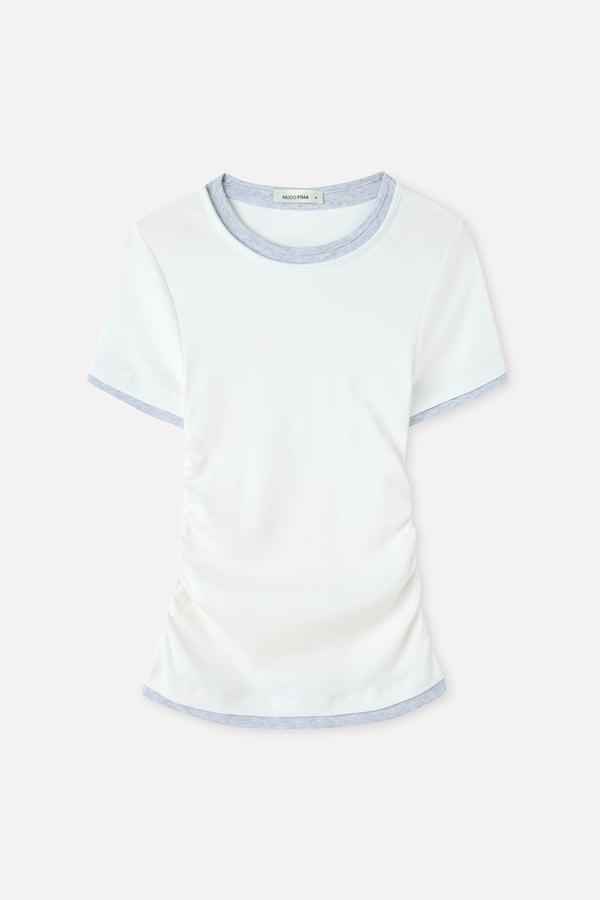 Kadın Kırık Beyaz Fitted Büzgülü Kontrast Bisiklet Yaka T-Shirt
