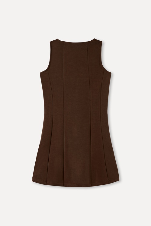  DİKİŞ DETAYLI KOLSUZ A FORM MİNİ ELBİSE