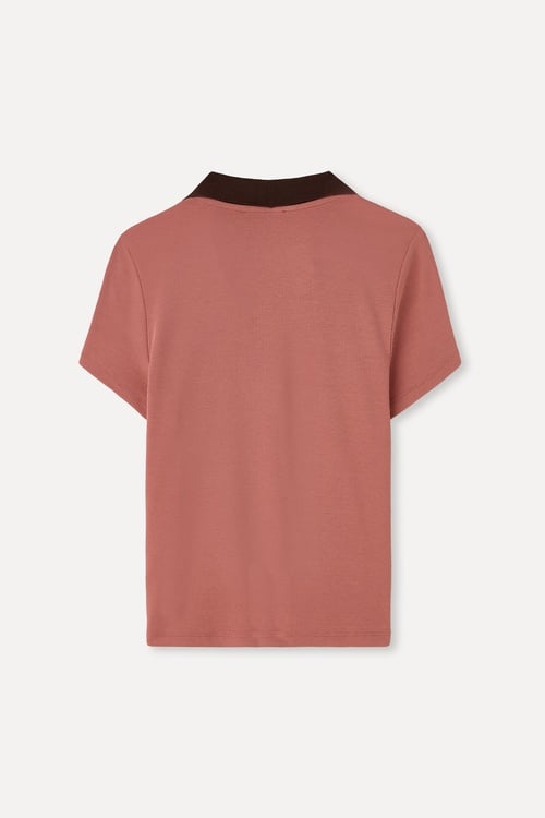 Kadın Pembe Kontrast Fitted Polo Yaka T-Shirt