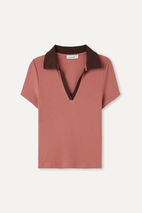Kadın Pembe Kontrast Fitted Polo Yaka T-Shirt