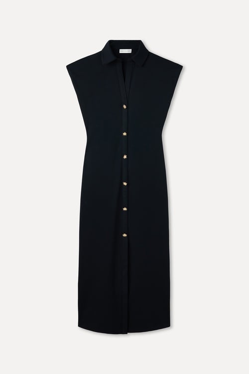  FITTED DÜĞME DETAYLI KOLSUZ MİDİ ELBİSE