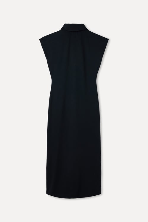  FITTED DÜĞME DETAYLI KOLSUZ MİDİ ELBİSE