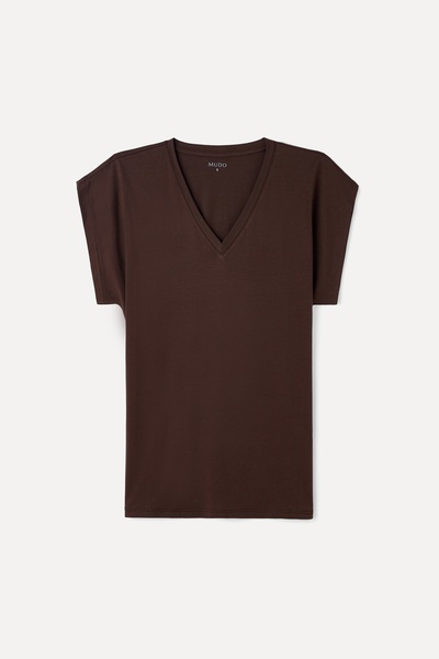 Mudo Kadın Kahverengi Modal Karışımlı V Yaka T-Shirt