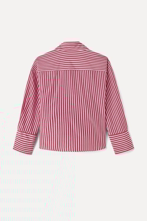 ÇİZGİLİ KRUVAZE BAĞLAMALI OVERSIZE BLUZ