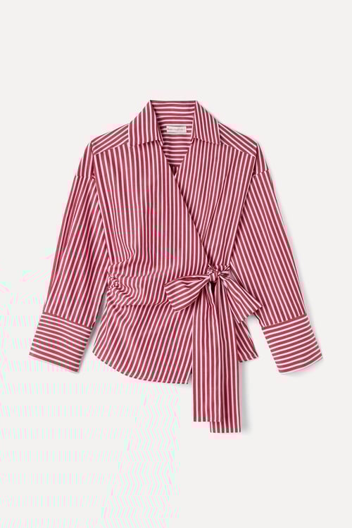 ÇİZGİLİ KRUVAZE BAĞLAMALI OVERSIZE BLUZ