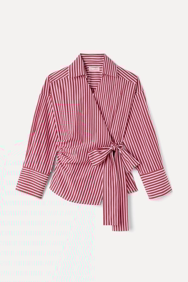 ÇİZGİLİ KRUVAZE BAĞLAMALI OVERSIZE BLUZ