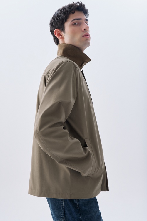  Erkek Vizon Rengi Regular Fit Kemerli Kadife Yaka Mont Ceket