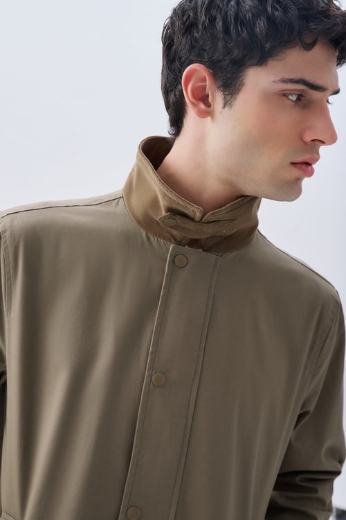  Erkek Vizon Rengi Regular Fit Kemerli Kadife Yaka Mont Ceket