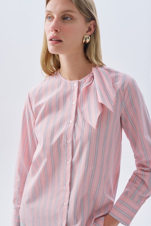 ÇİZGİLİ FİYONK DETAYLI UZUN KOLLU GÖMLEK