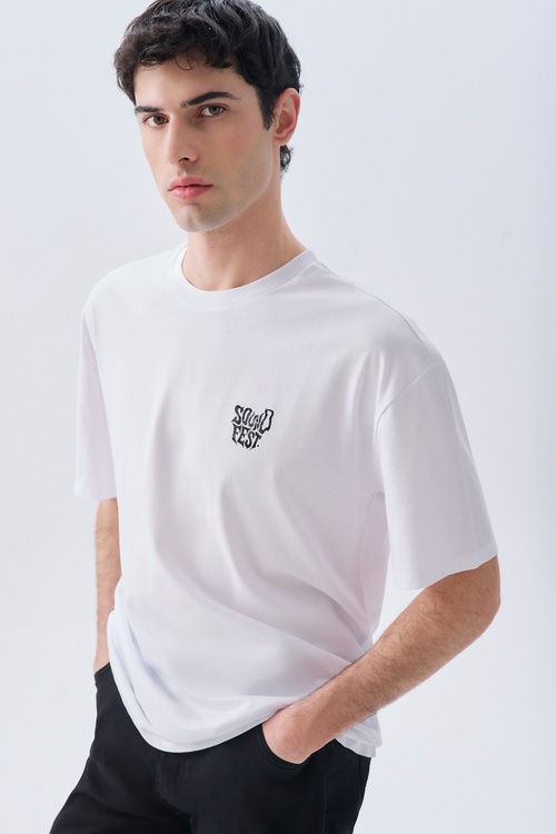 BASKILI OVERSIZE BİSİKLET YAKA T-SHIRT