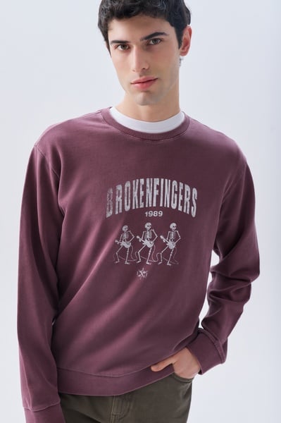 Mudo Erkek Kahverengi Baskılı Comfort Fit Bisiklet Yaka Sweatshirt