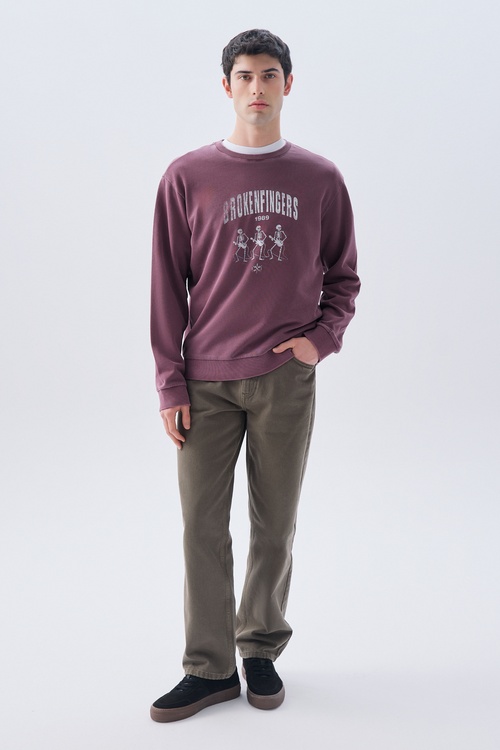 BASKILI COMFORT FIT BİSİKLET YAKA SWEATSHIRT