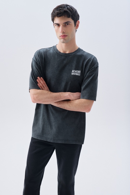 BASKILI OVERSIZE BİSİKLET YAKA T-SHIRT