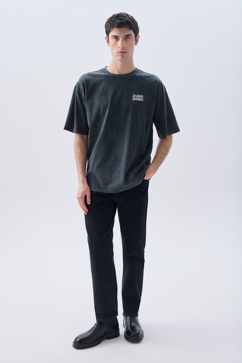 BASKILI OVERSIZE BİSİKLET YAKA T-SHIRT