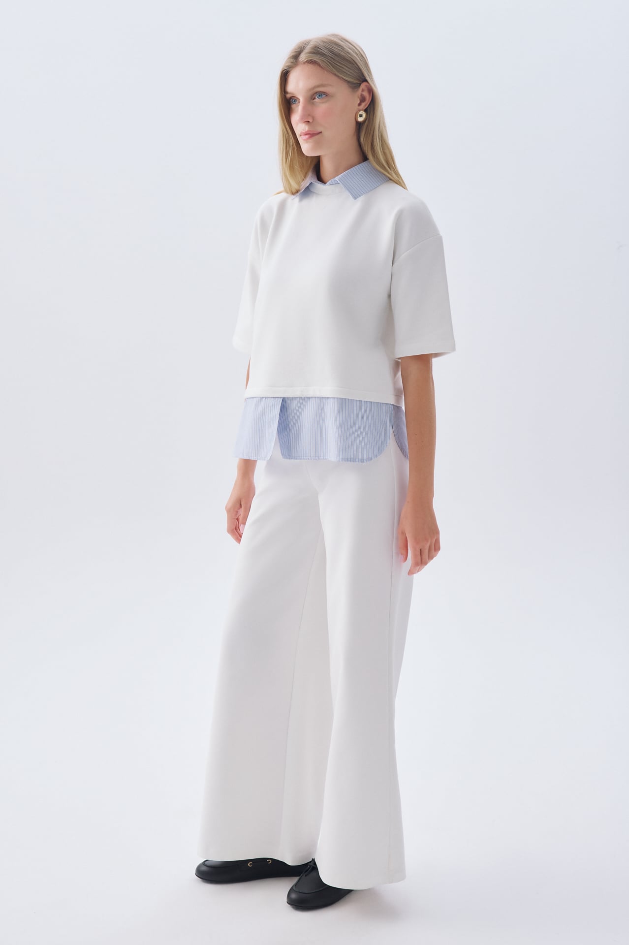 GÖMLEK DETAYLI POLO YAKA LOOSE FIT KISA KOLLU SWEATSHIRT