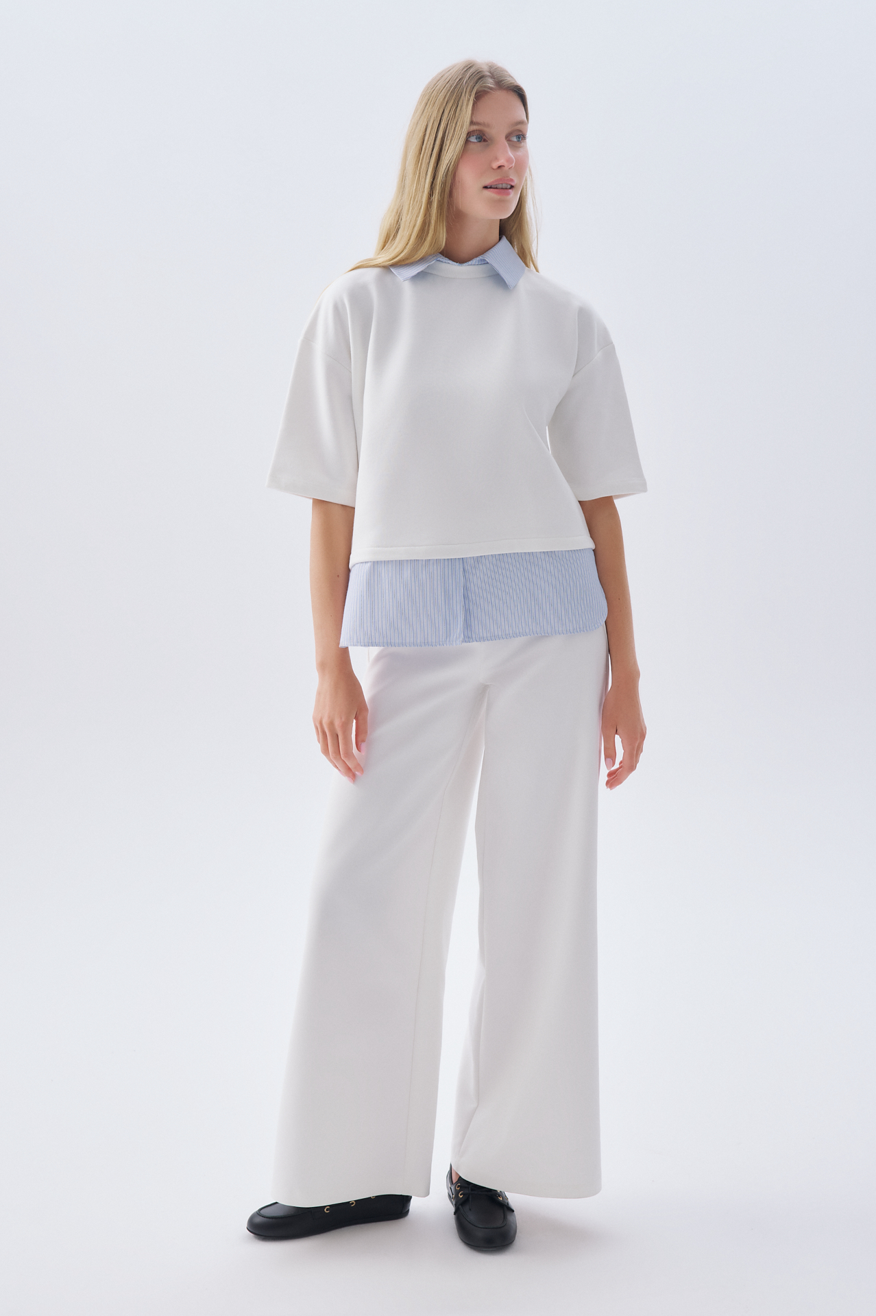 GÖMLEK DETAYLI POLO YAKA LOOSE FIT KISA KOLLU SWEATSHIRT