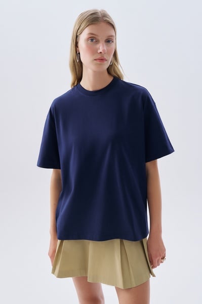Mudo Kadın Lacivert Düşük Kollu Oversize Bisiklet Yaka T-Shirt