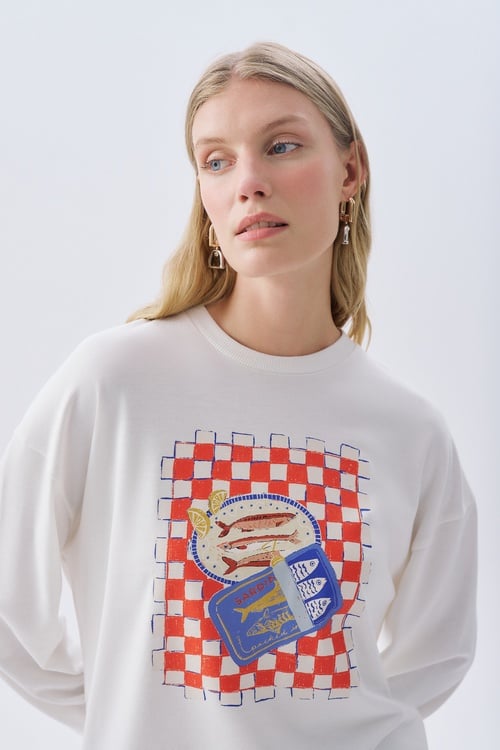 OVERSIZE BASKILI BİSİKLET YAKA SWEATSHIRT