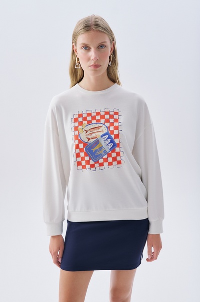 Mudo Kadın Kırık Beyaz Oversize Baskılı Bisiklet Yaka Sweatshirt